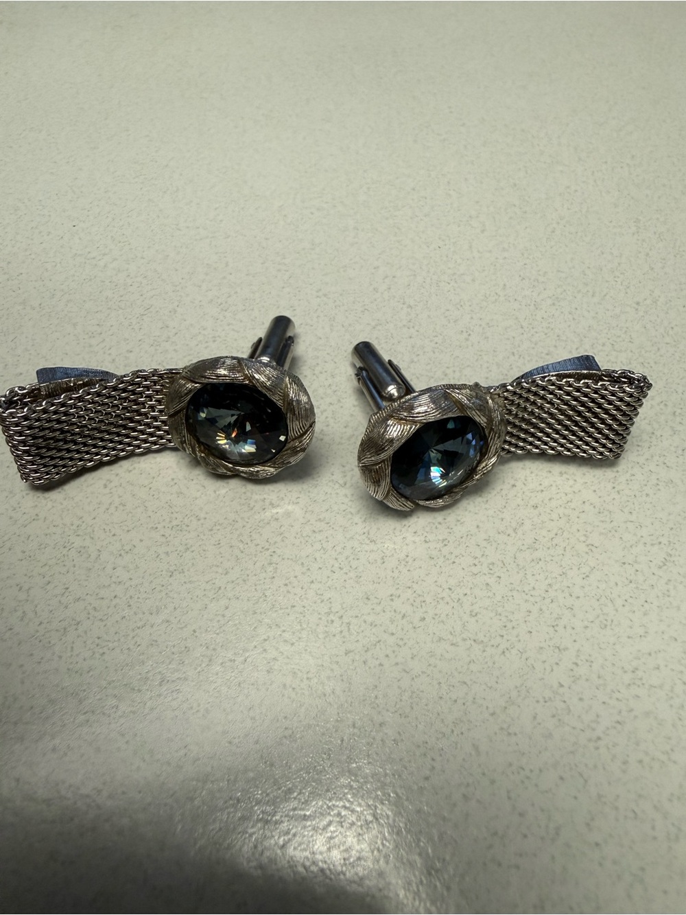 Vintage Swank Blue Gray Crystal Mesh Wrap Cufflinks Silver Tone MCM